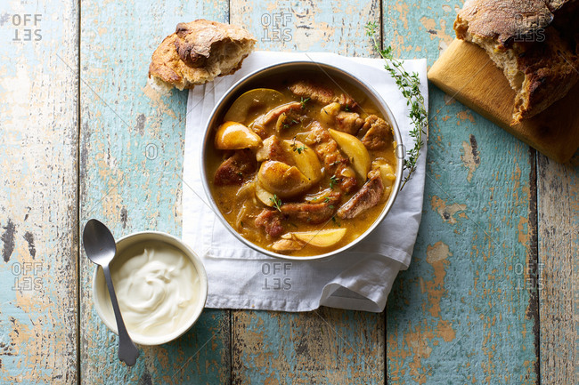 Pork and pear stew cooked with herbs and cider