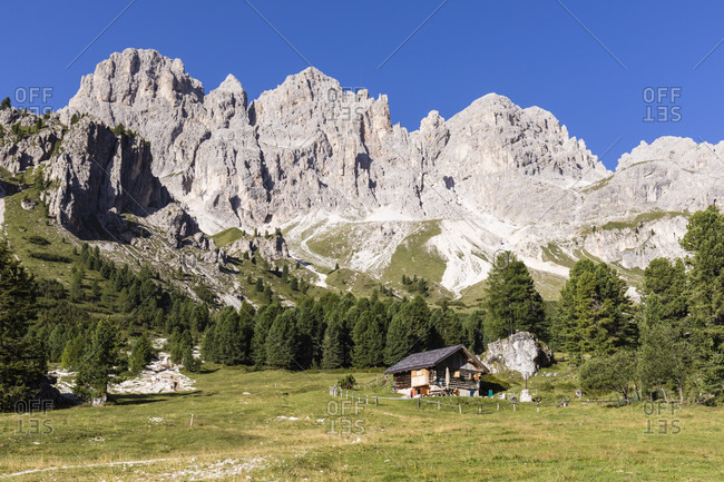 Mountain Chalet in the Catinaccio (Rosengarten) in the Valle del Vaiolet, Vigo di Fassa, Val di Fassa, Alps, Dolomites, Trentino, Alto Adige, South Tyrol, Italy