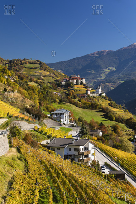 Sabiona monastery (Kloster Saeben) towards Isarco valley and Dolomites mountains, Klausen, Chiusa, Isarco Valley, Dolomites, Bolzano district, TrentinoAlto Adige, South Tyrol, Italy
