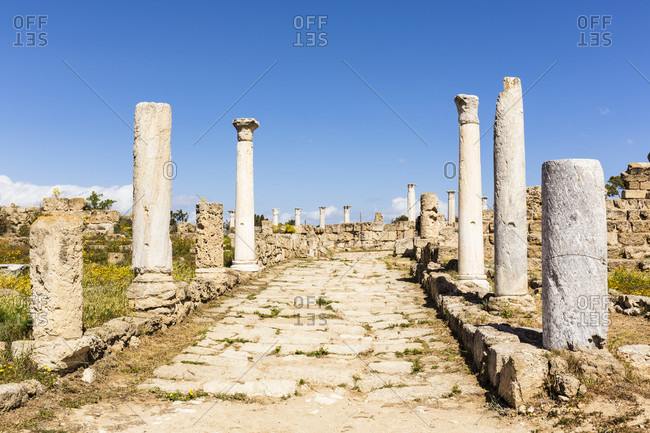 Columned walkway at the archaeological site of Salamis, Famagusta, Gazimagusa, North Cyprus, Cyprus