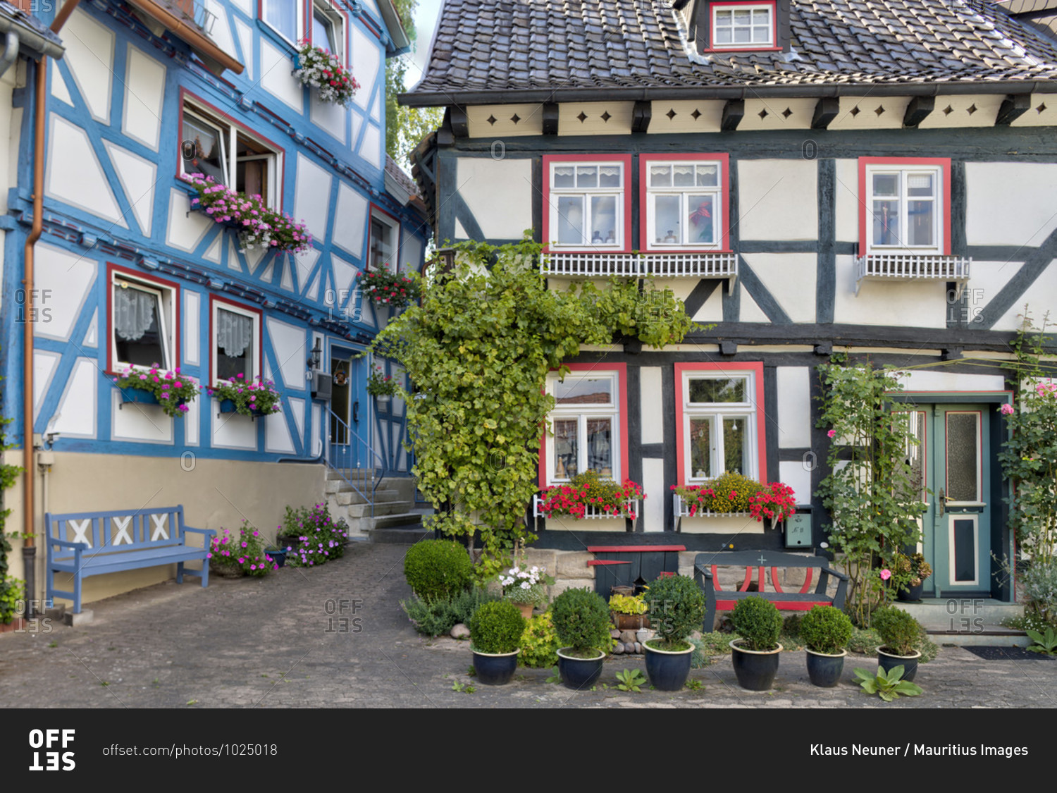 Half-timbered house, floral decoration, window, house view, old town, Bad Sooden-Allendorf, Hesssen, Germany, Europe