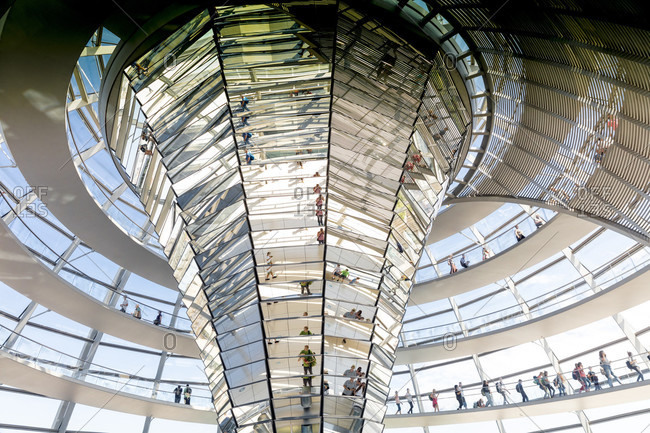 June 13, 2019: Reichstag dome, inside, visitor, Reichstag, Bundestag, government district, Berlin, Germany