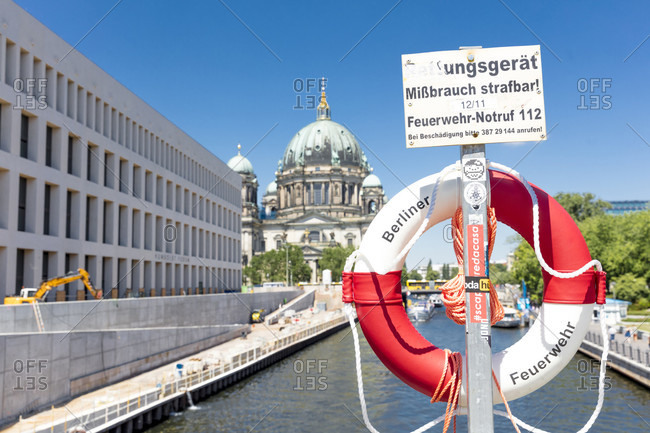 June 13, 2019: Humboldt Forum, Museum Island, facade, river, Spree, construction site, Berlin Cathedral, Mitte, Berlin, Germany