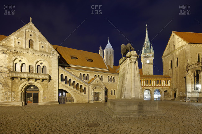 March 30, 2019: Dankwarderode Castle, Castle Square, Town Hall Tower, St. Blasii Cathedral, blue hour, Dusk, Eve, atmospheric, Braunschweig, Lower Saxony, Germany,