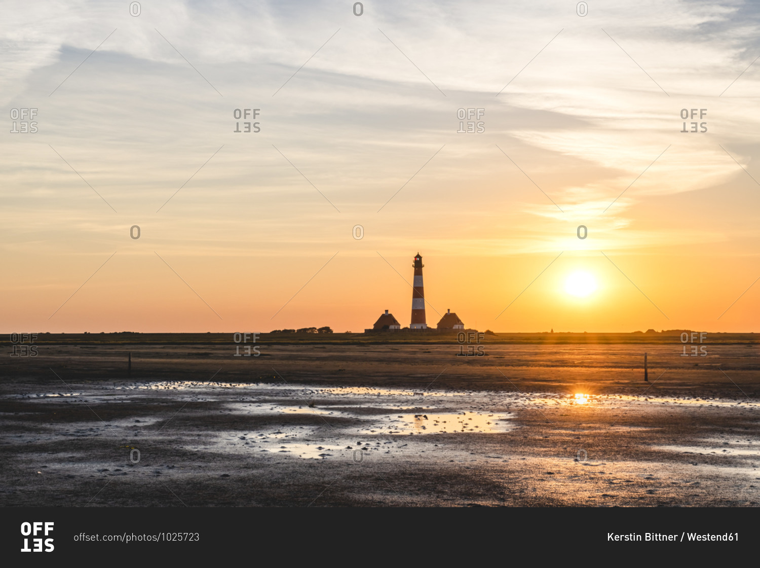 Germany- Schleswig-Holstein- Westerhever- Westerheversand Lighthouse at sunrise