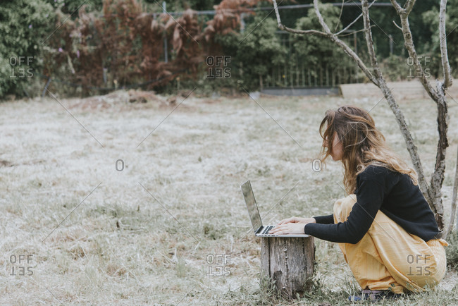 Woman crouching while using laptop on tree stump at park
