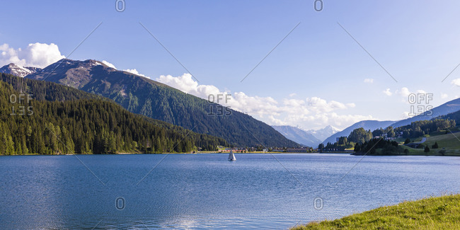 Panorama of Lake Davos on sunny summer day