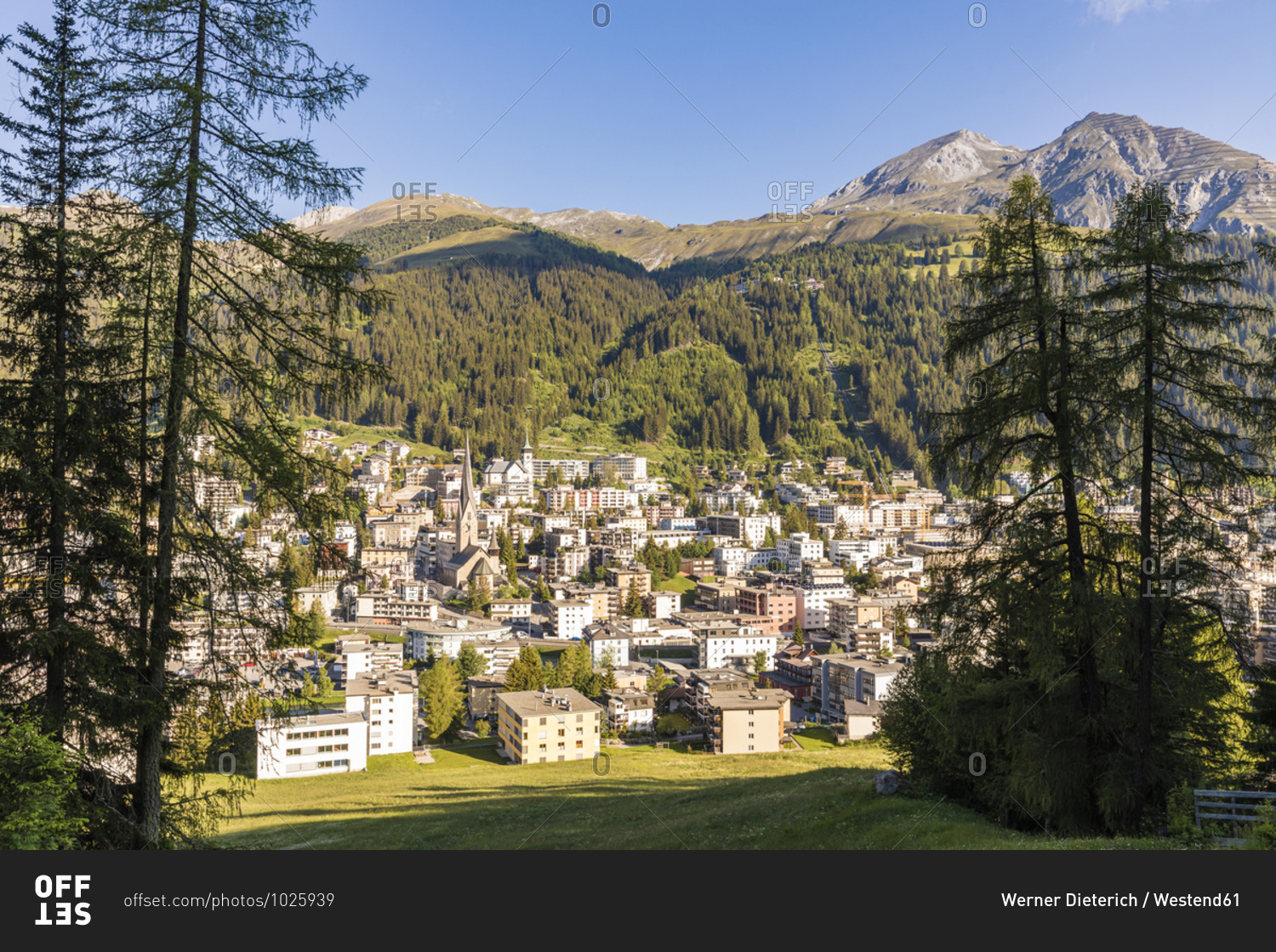 Switzerland- Canton of Grisons- Davos- Town in forested valley of Rhaetian Alps in summer