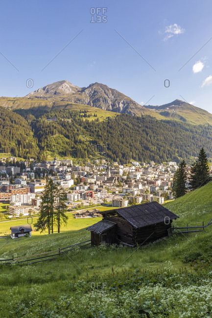 Switzerland- Canton of Grisons- Davos- Town in forested valley of Rhaetian Alps in summer