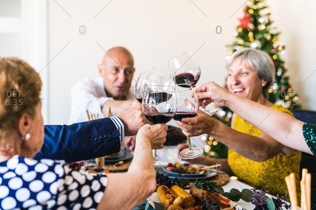 Happy partners raising glasses of alcoholic drink while gathering at table during festive event in apartment