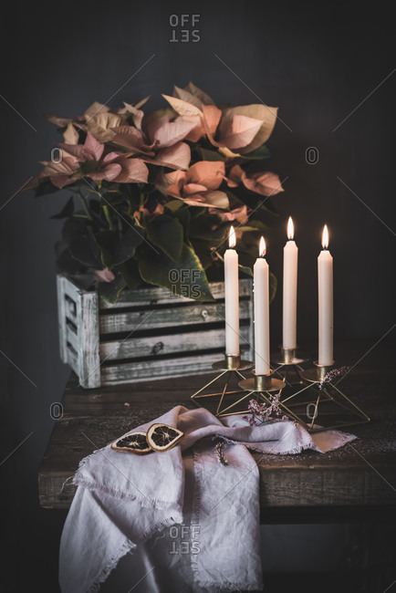 Burning candles in metal candlestick arranged on table with delicate Poinsettia in dark room