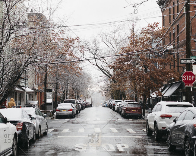 Snowy urban winter street, New York City, New York, USA