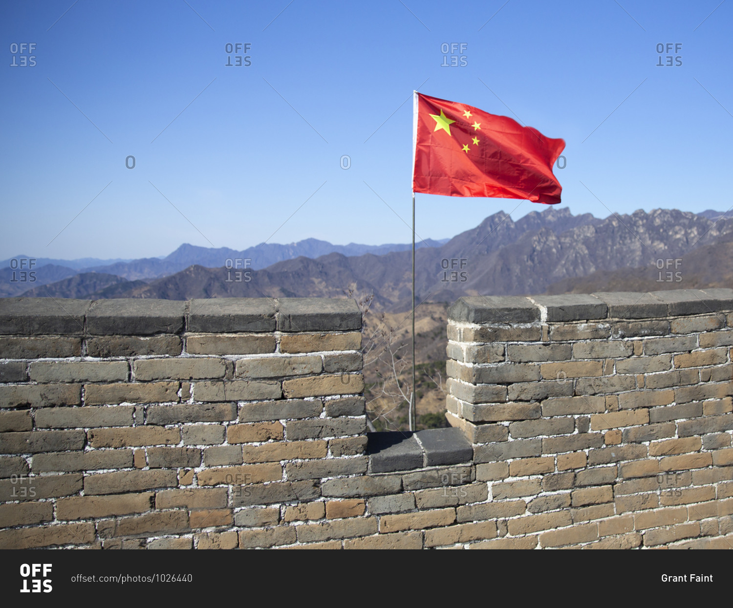 Flag on the Great Wall of China near Mutianyu District outside Beijing, China
