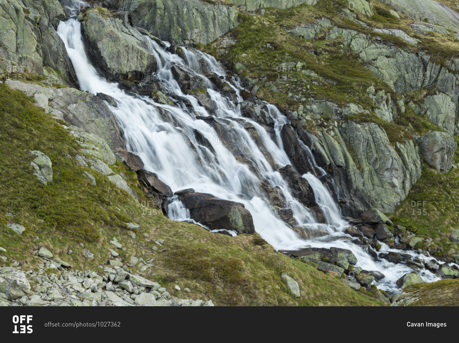 Waterfall of Lochbergbach river above Realp, Uri, Switzerland