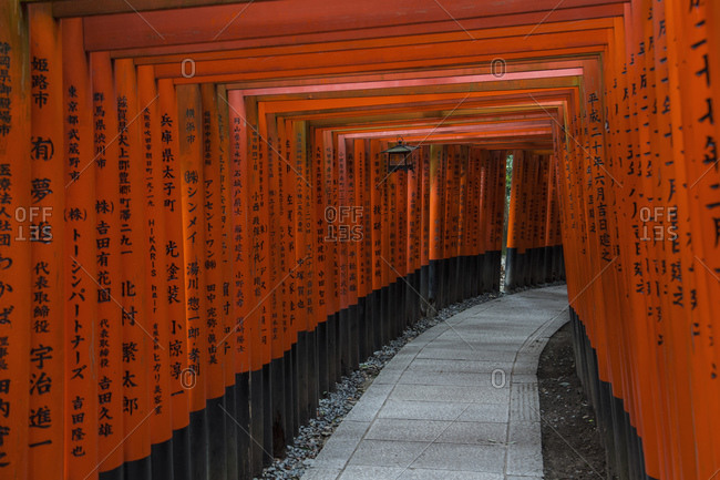 Kyoto, Kyoto, Japan - September 24, 2016: Columns at the iconic Fushimi Inari Shrine