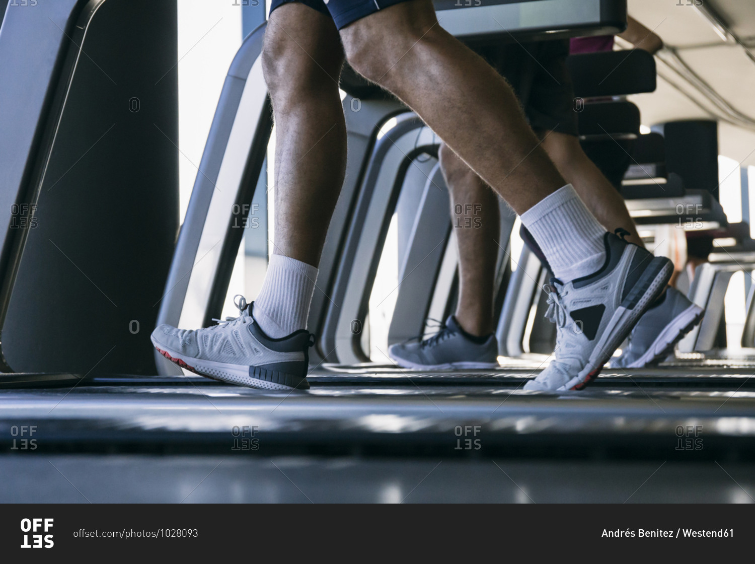 Legs of athletes running on treadmills in health club