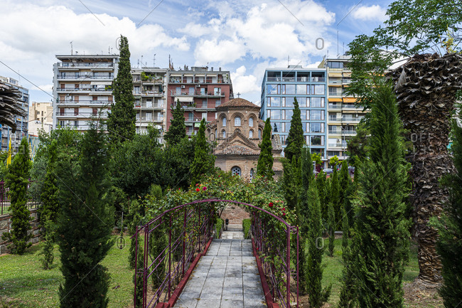 Greece- Central Macedonia- Thessaloniki- Footpath across garden of Church of Panagia Chalkeon