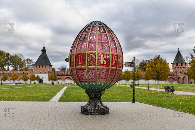 October 7, 2019: Russia- Tula Oblast- Tula- Large ornate egg sculpture in front of Tula Kremlin