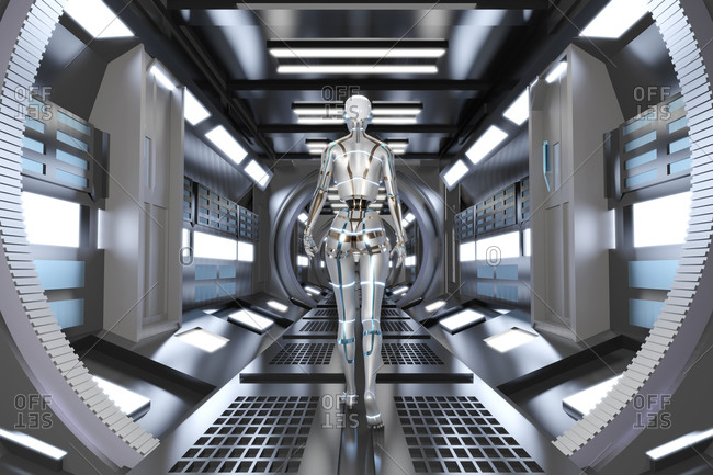 Three dimensional render of gynoid walking across futuristic corridor inside  spaceship or space station stock photo - OFFSET