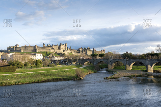Medieval fortress near river Aude- Carcassonne- Languedoc-Roussillon- France