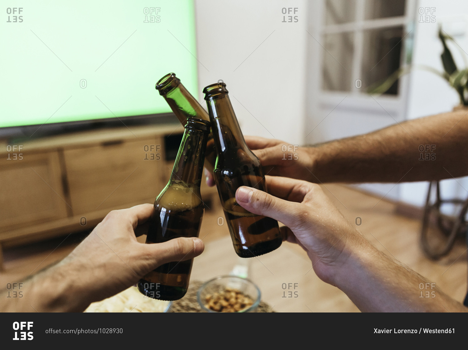 Hands of male friends toasting beer bottles at home
