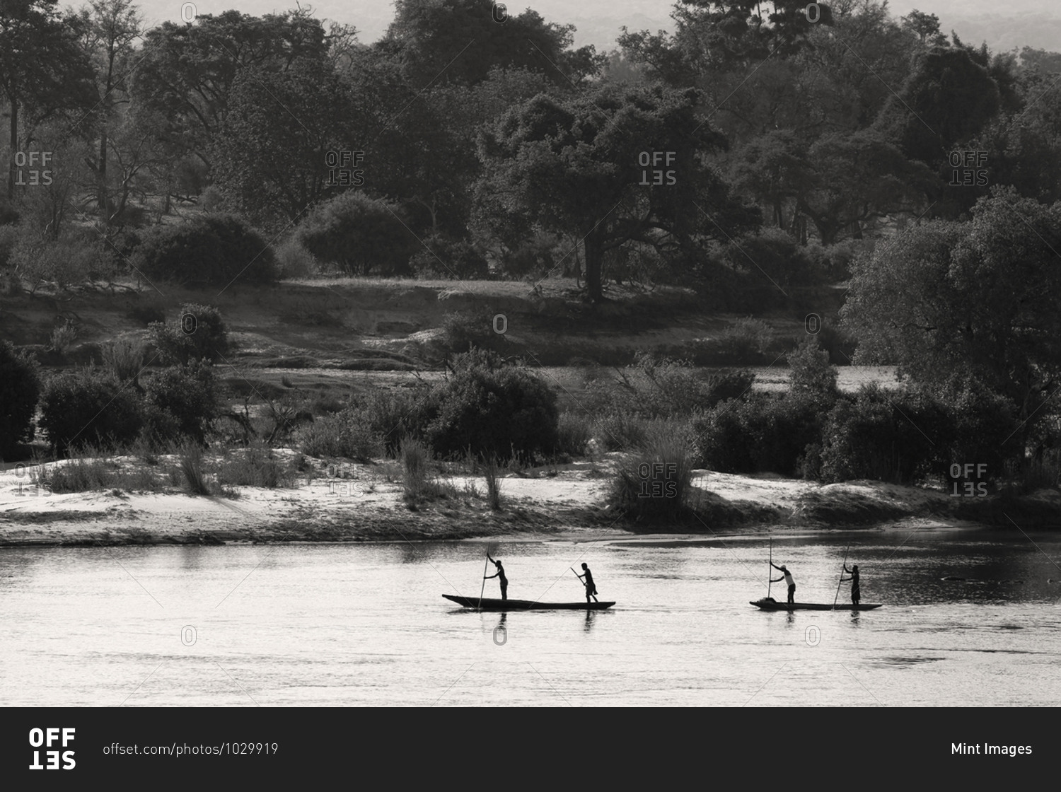 Locals going down the Zambezi River in traditional mokoro canoes, Zambia.