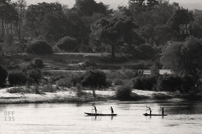 Locals going down the Zambezi River in traditional mokoro canoes, Zambia.