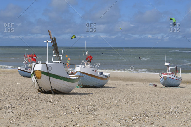 August 12, 2019: Beach with fishing boats, vorupor, national park thy, thirsted, north sea, north Jutland, Denmark