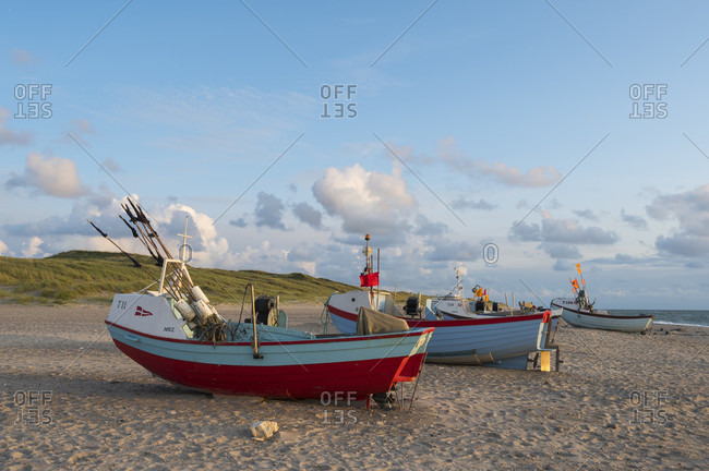 August 14, 2019: Fishing boat on beach, stenbjerg, snedsted, national park thy, north sea, north Jutland, Denmark