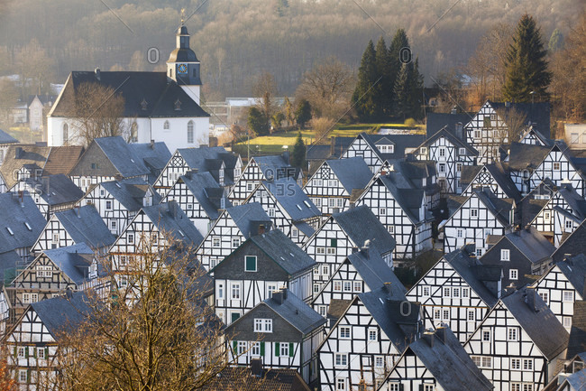 Half-timbered houses in the historical part 'alter flecken', winter