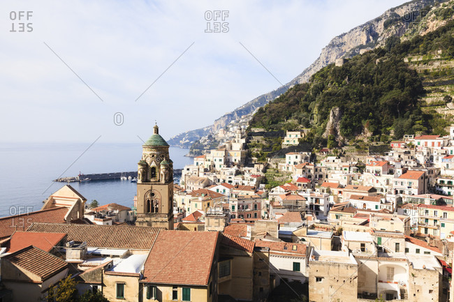 Sant andrea cathedral overlooking the city of amalfi at the mediterranean sea, unesco world heritage site