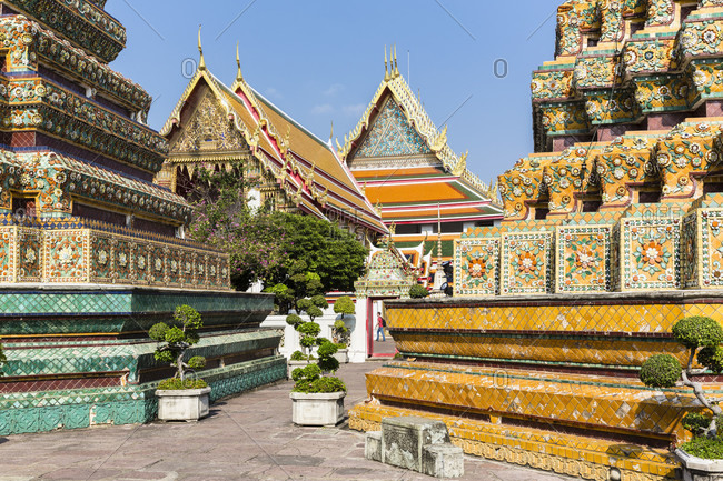 Chedis at bhuddist temple wat pho, one the largest and oldest in bangkok, phra nakhon district