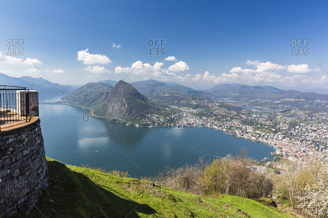 Elevated panorama view on lugano and lake and monte san salvatore, spring