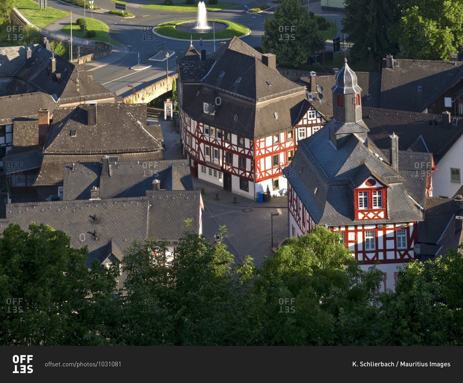 Europe, germany, hesse, nassau-dillenburg, orange city dillenburg, deutsche fachwerkstrasse, view from schloßberg to the old town at obertor with the former town hall on the corner of hauptstrasse and maibachstrasse