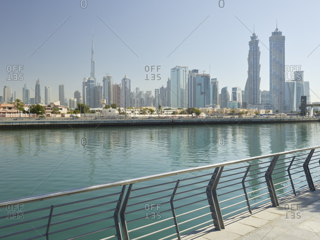 January 16, 2020: Promenade on dubai creek, burj khalifa, emirates park towers, dubai, united arab emirates