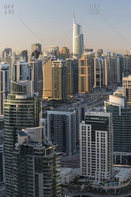 January 17, 2020: Jumeirah lake towers from dubai marina, almas tower, sheikh zayed road, dubai, united arab emirates