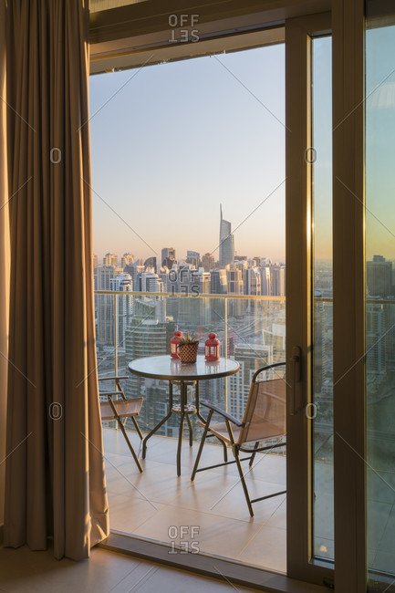 View from an apartment over the dubai marina, table with chairs, terrace, dubai, united arab emirates