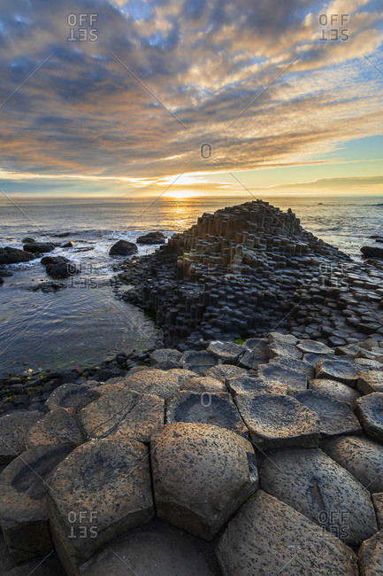 Coastal landscape with basaltic rock formations along the Causeway Coastal Route