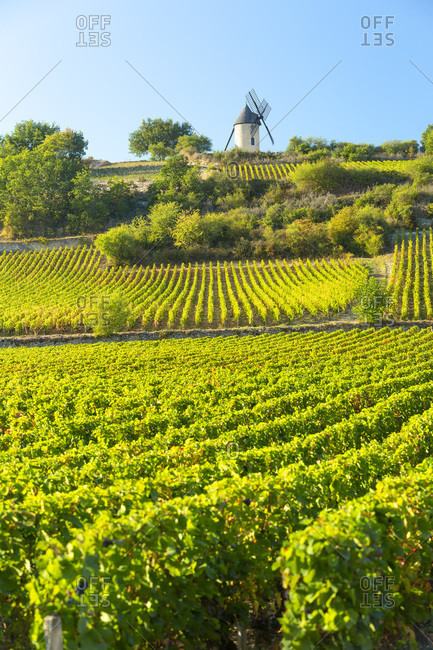 France - September 17, 2018: The Sorine Mill, dominating the Santenay vineyards