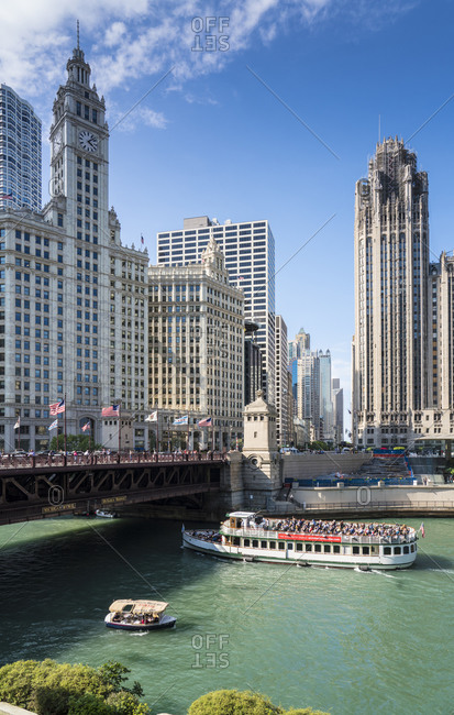 Chicago, Illinois - August 22, 2019: Tribune tower and the Wrigley building overlooking the Chicago River