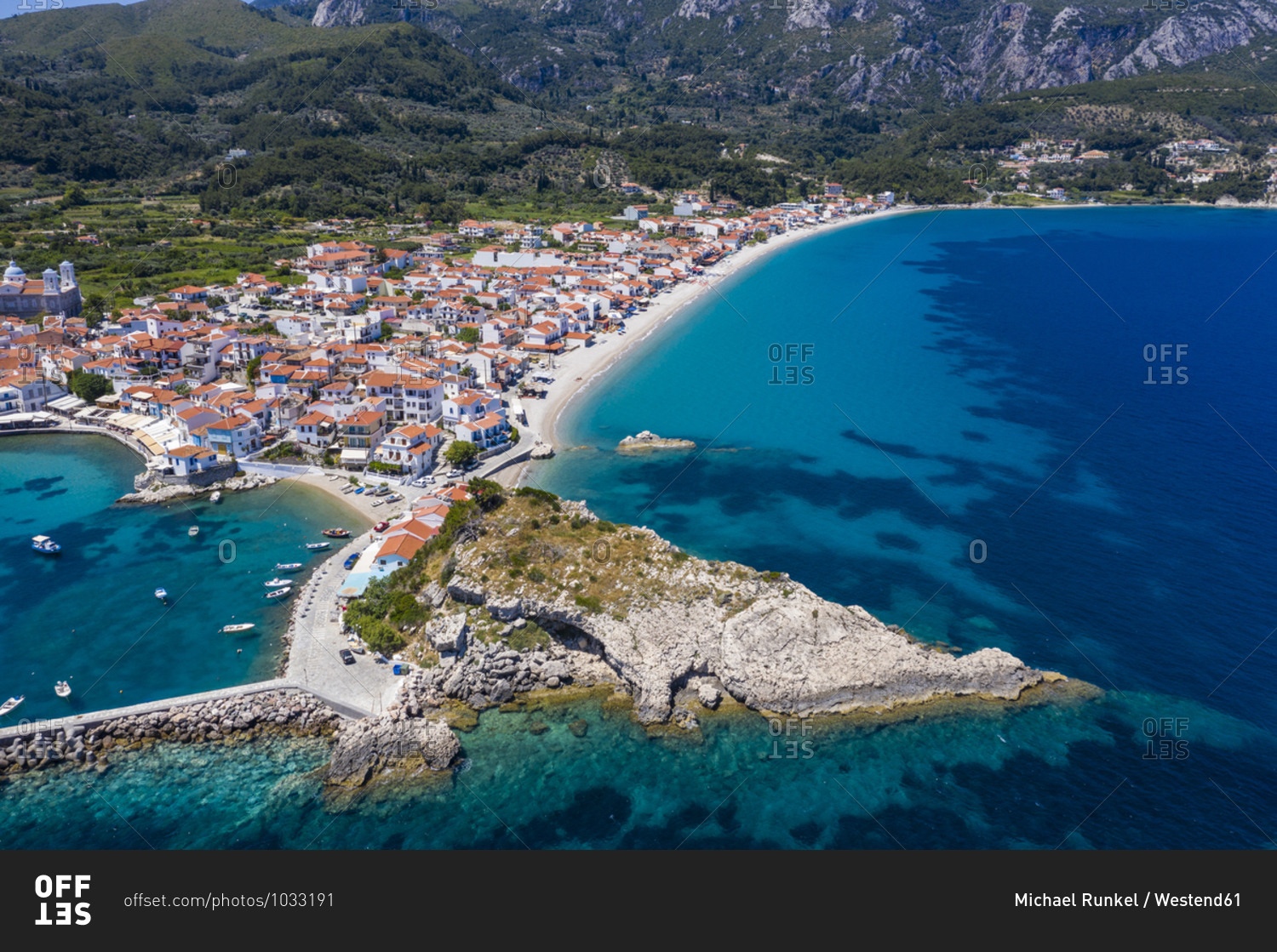 Greece- Kokkari- Aerial view of coastal town in summer