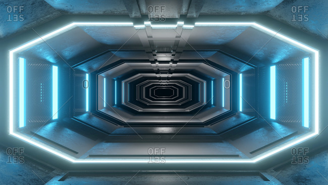 Three dimensional render of futuristic corridor inside spaceship or space station