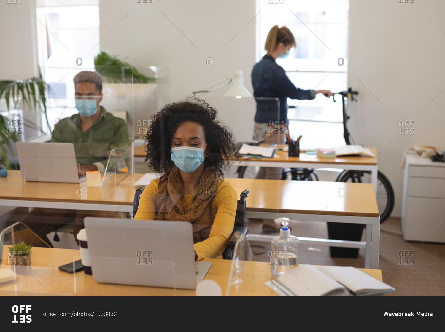 Multi ethnic group of male and female creatives working at office desks with protective screens, using laptop computers. Health and hygiene in workplace during Coronavirus Covid 19 pandemic.