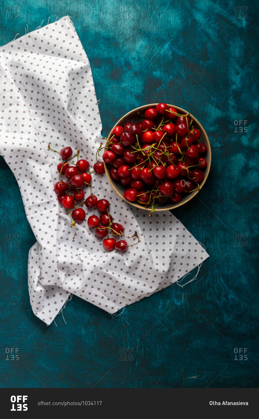 Overhead view of cherries in a bowl