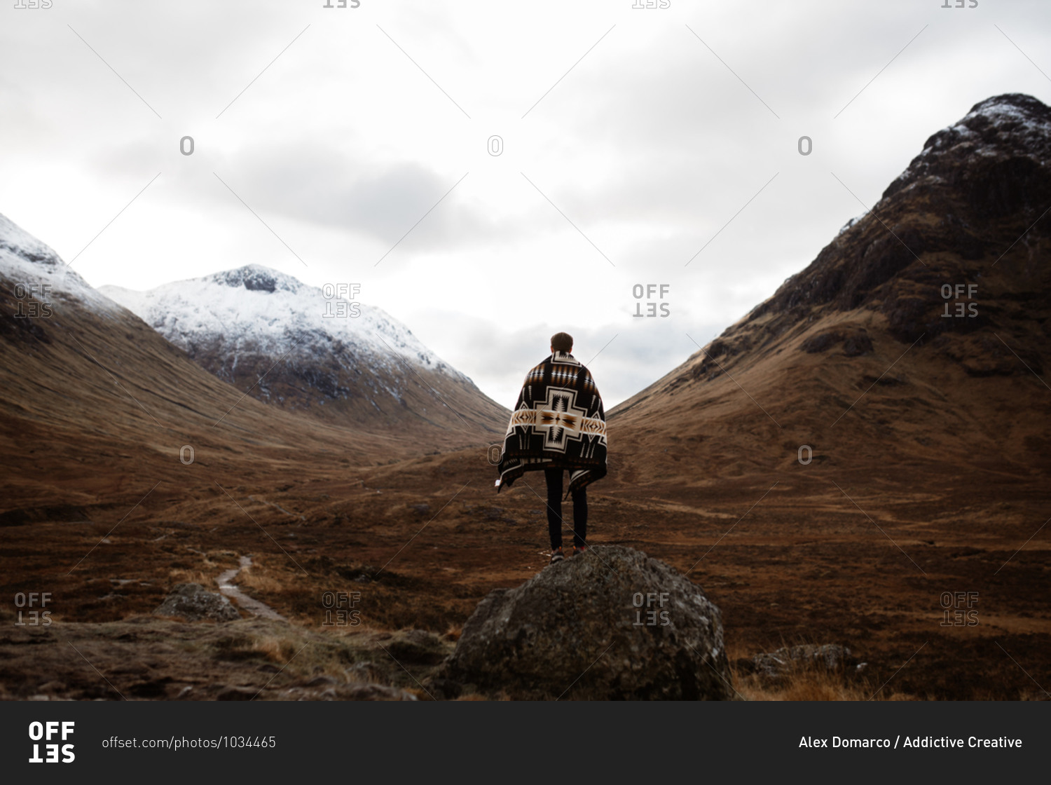 Back view of unrecognizable male explorer standing on rock and enjoying scenery of mountains in fall in Scottish Highlands