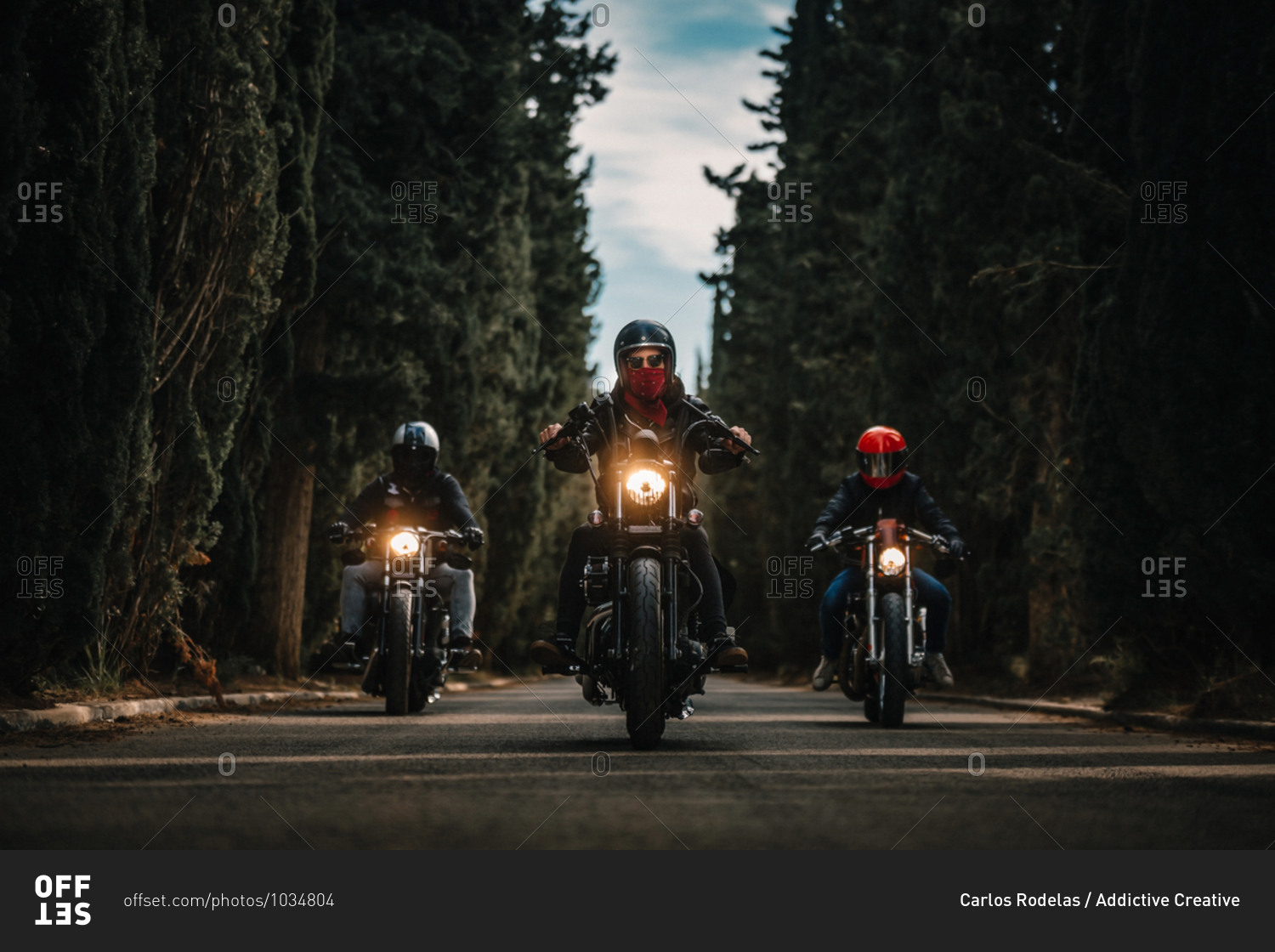 Group of bikers in black leather jackets and helmets riding powerful motorcycles on asphalt road leading between green forest in countryside