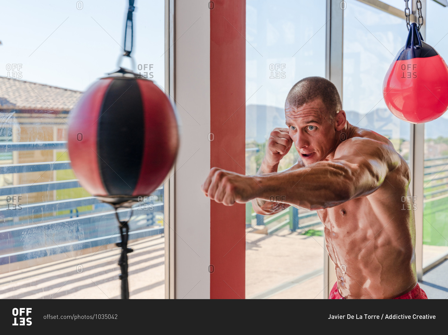 Side view of determined male boxer in boxing gloves punching heavy bag during intense workout in gym