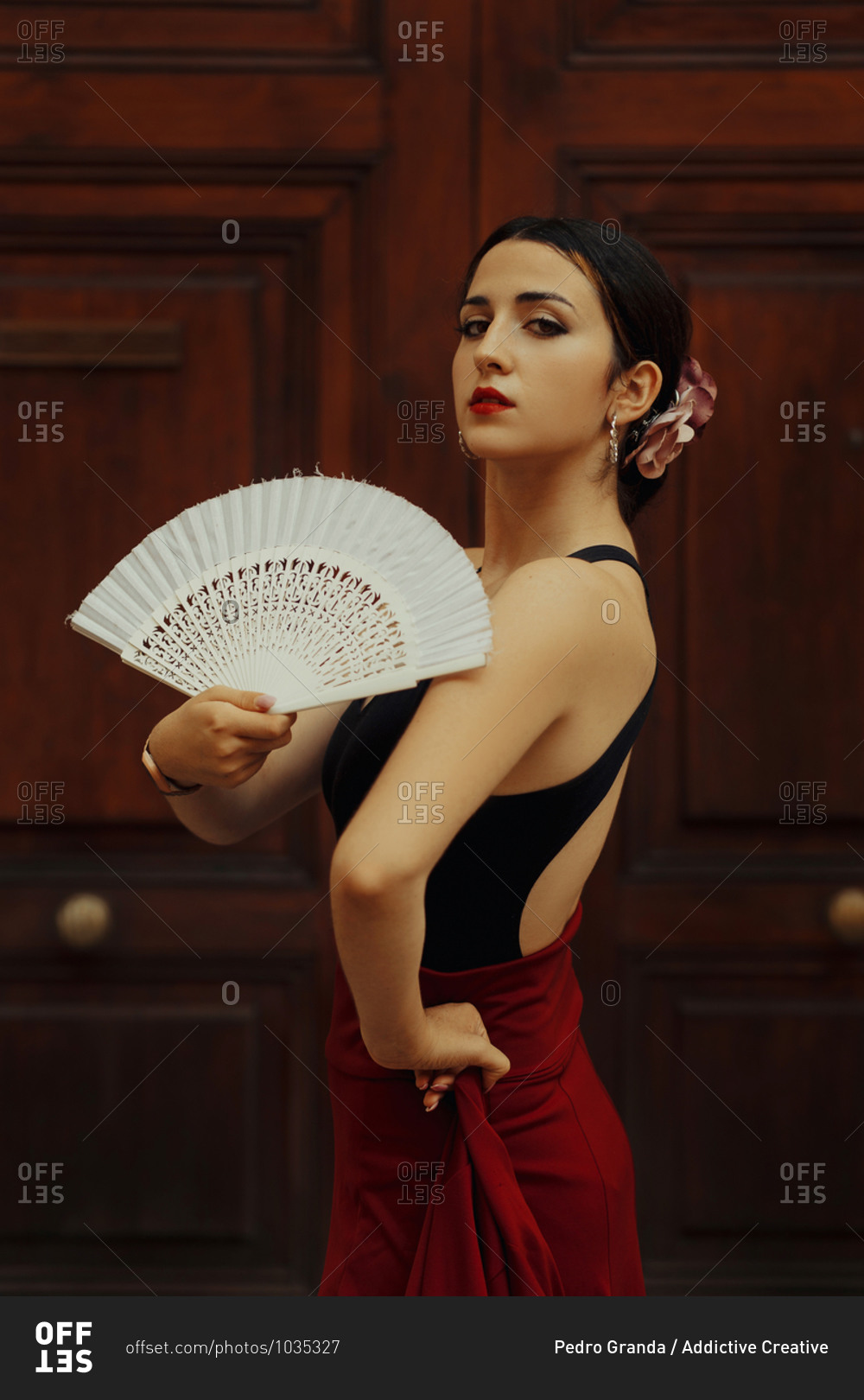 Side view of Hispanic female Flamenco dancer with white fan performing passionate dance near wooden door