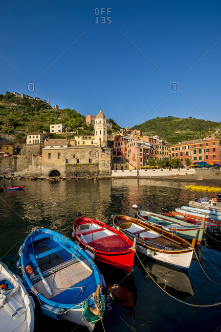 June 24, 2016: Santa Margheritte de Antiochia church and harbor, Vernazza, Cinque Terre, UNESCO World Heritage Site, Liguria, Italy, Europe