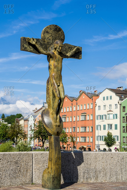 July 4, 2016: Jesus on the Cross (Christian Cross) sculpture, Old Town, Innsbruck, Tyrol, Austria, Europe